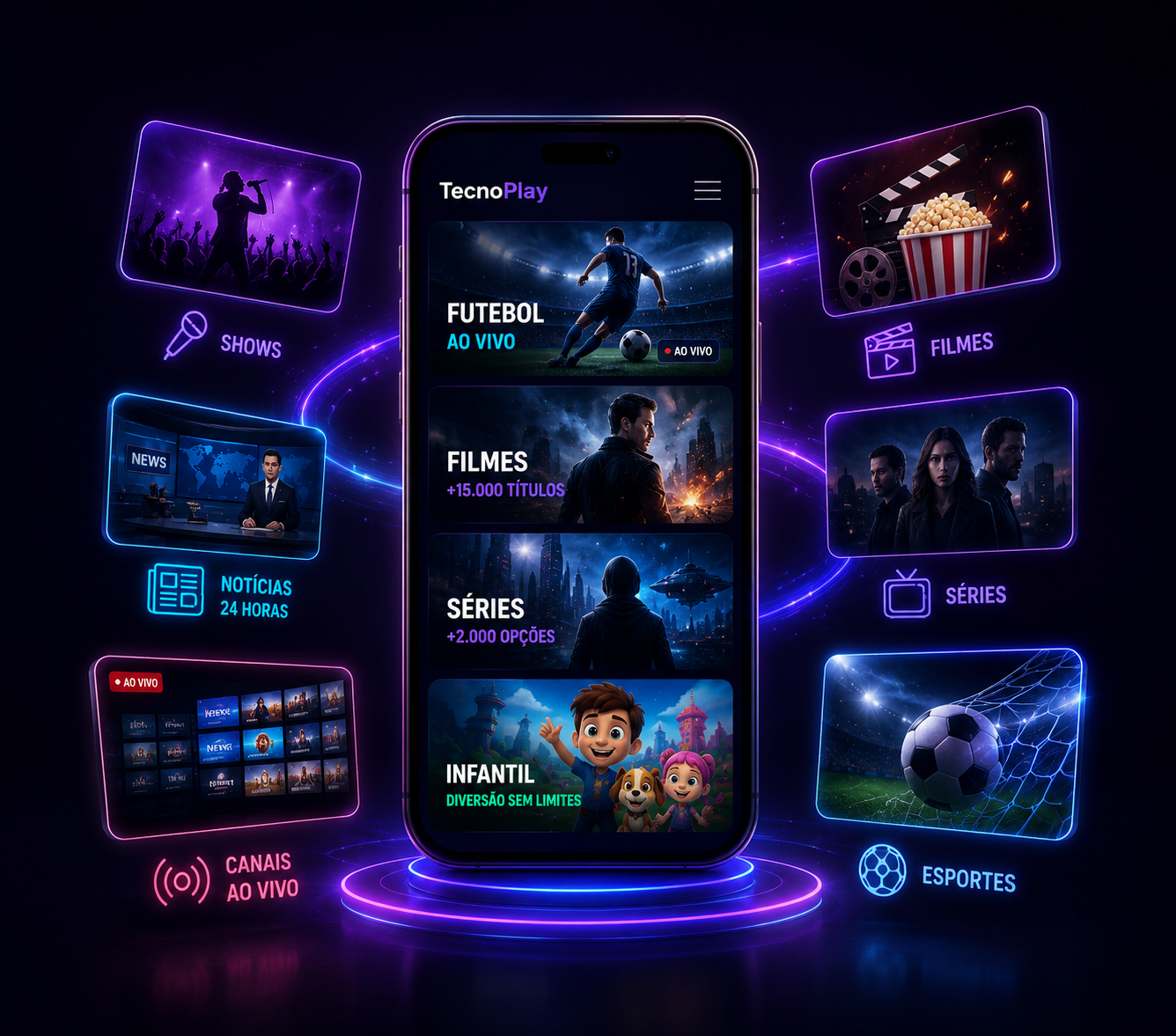 App TecnoPlay no celular com categorias: futebol ao vivo, filmes, séries, infantil, shows, notícias, canais ao vivo e esportes